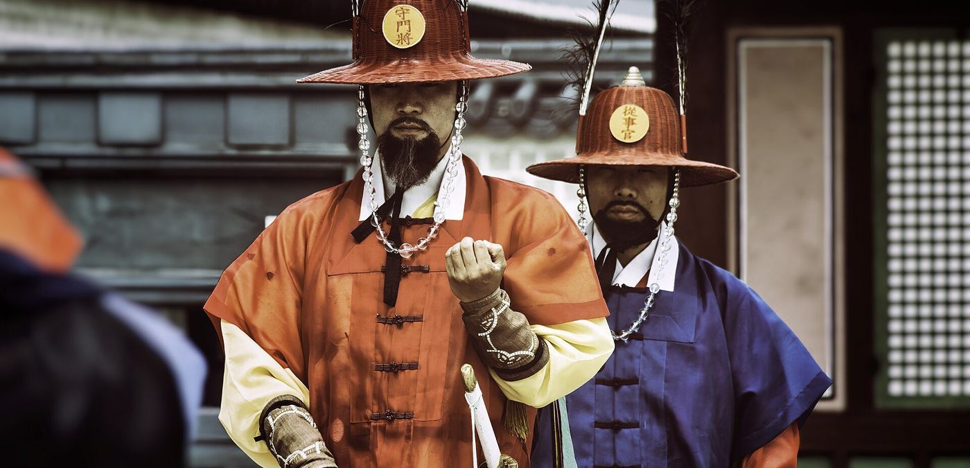 Royal guard changing ceremony in traditional uniform at Gyeongbokgung Palace