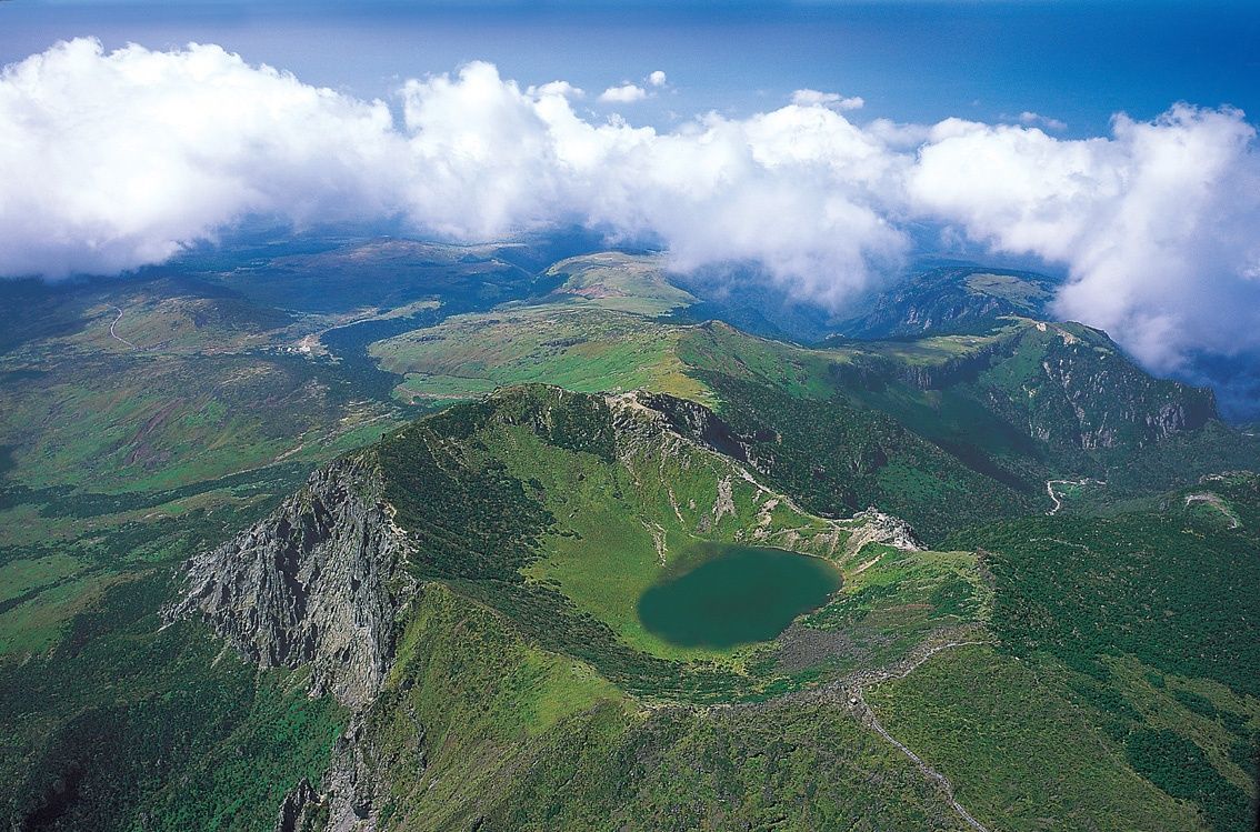The crater lake of Hallasan on Jeju, seen from the air