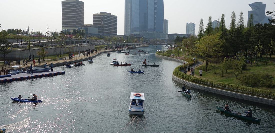 Boats on the canal of Songdo Central Park, Incheon
